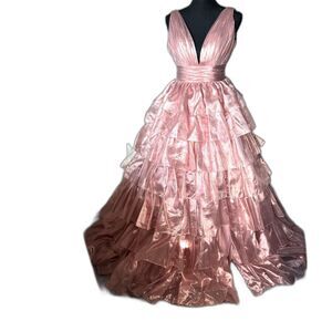 10314 Size 6 Sherri Hill rose gold tiered ball gown plunging v-neck neckline
